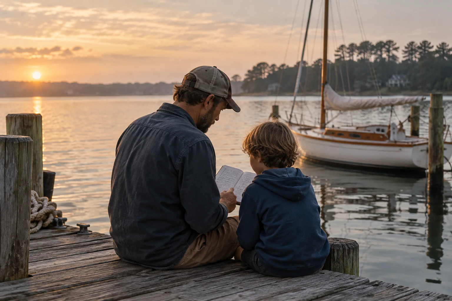 Concept scene of a parent and child sharing a notebook beside a Chesapeake sailing dock