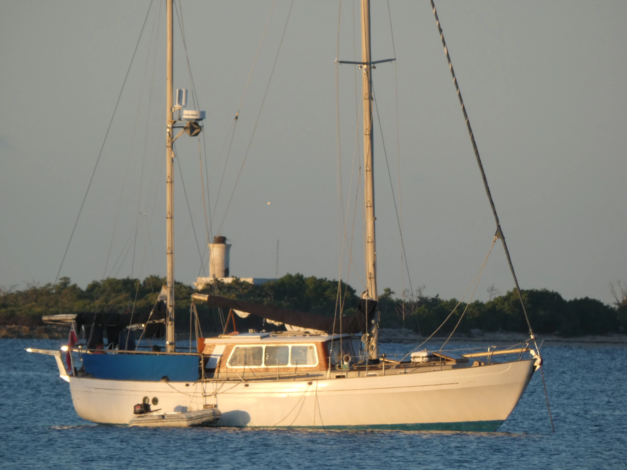 Mahalkita, the actual Moody Carbineer 44, with her ketch rig, wooden pilothouse and blue cockpit enclosure