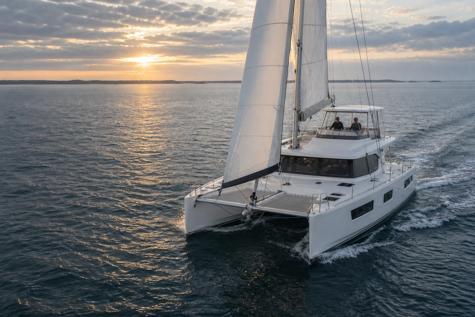 Concept scene of a large flybridge sailing catamaran underway with crew at first light