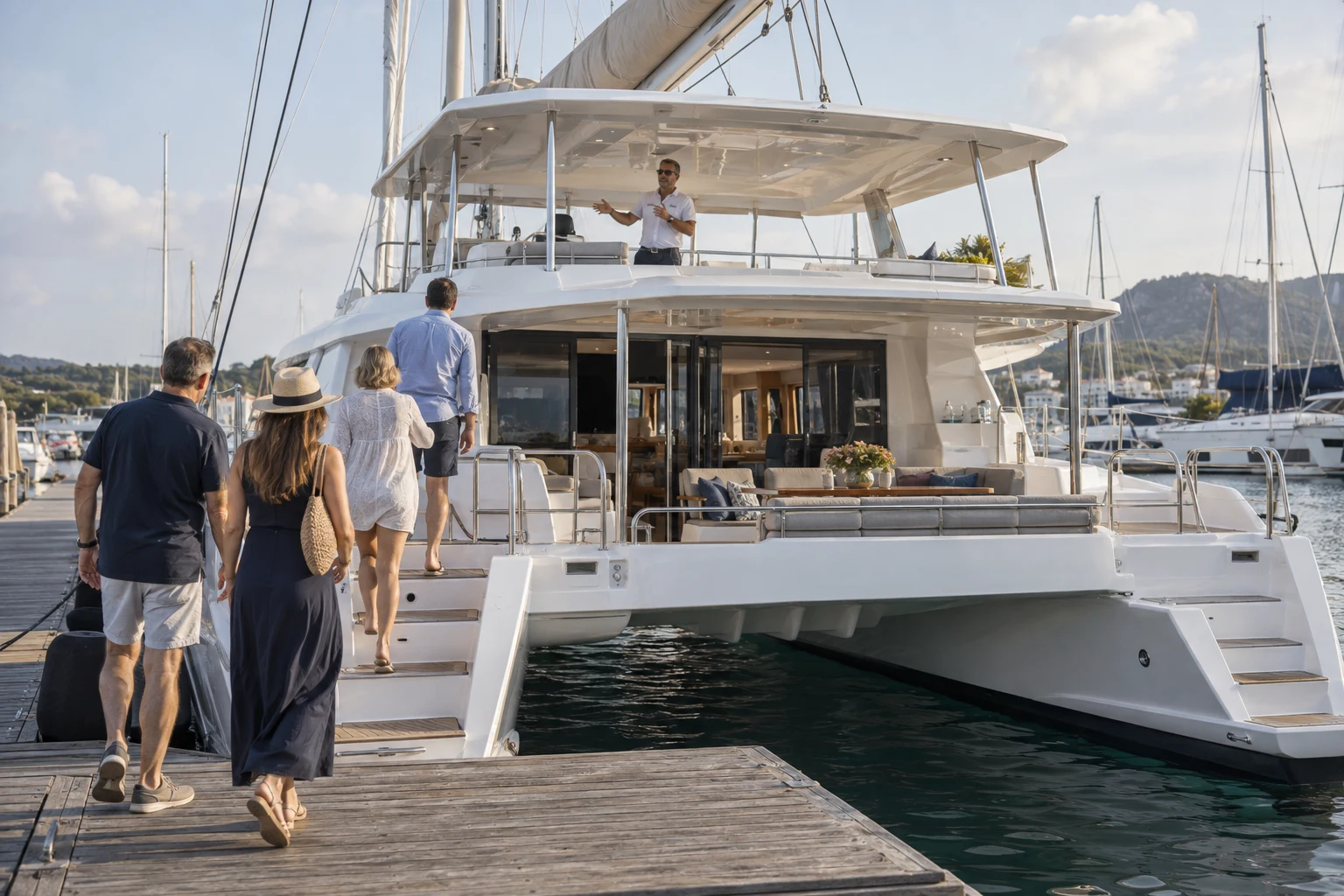 Concept scene of guests boarding a large sailing catamaran for a guided vessel tour