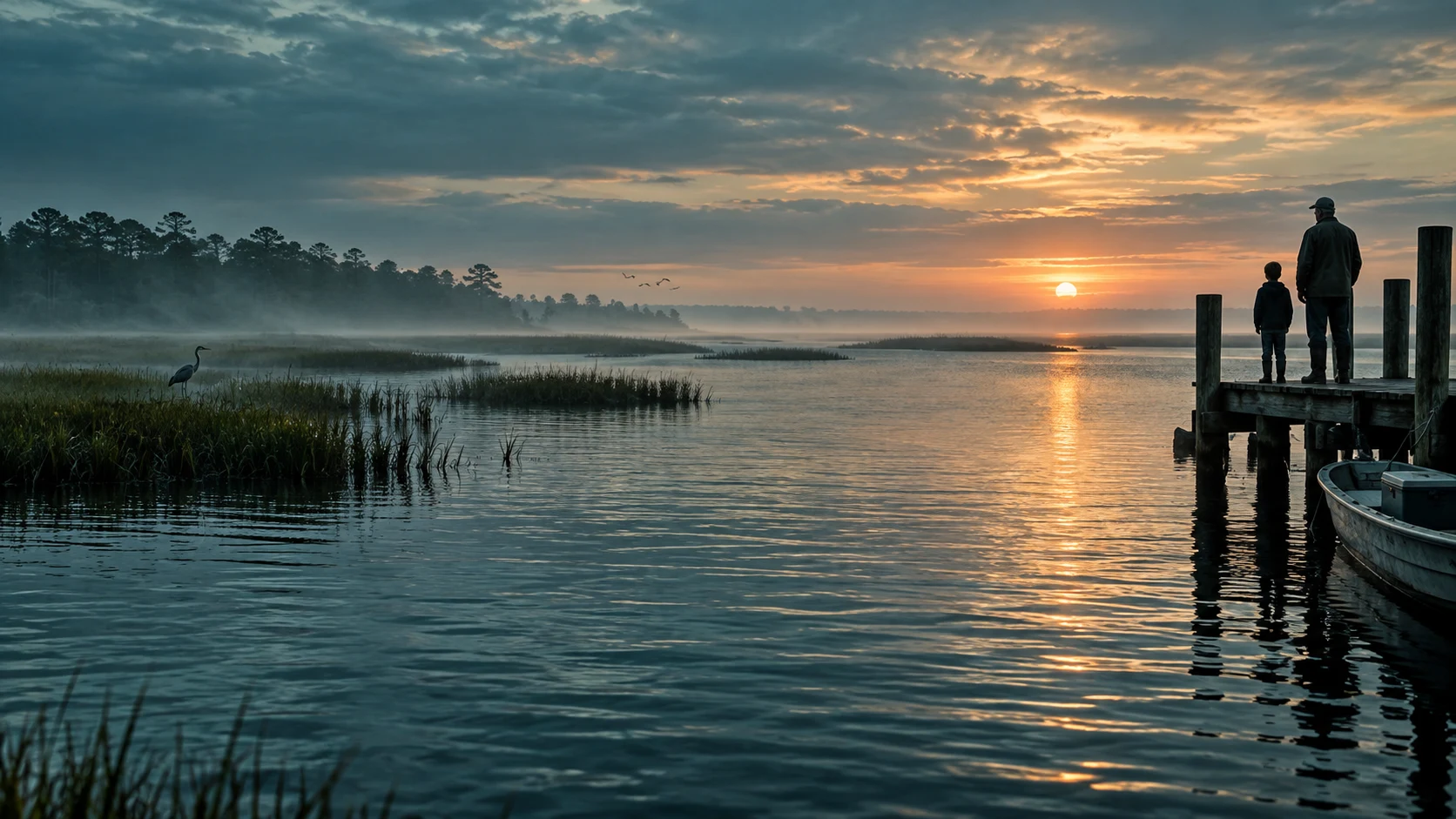 A parent and child looking across quiet Piney Point water at sunrise