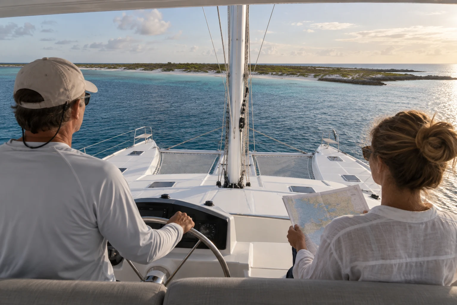 Concept scene of crew navigating a flybridge sailing catamaran toward a low Bahamian shoreline